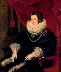 Portrait of a lady, believed to be Anna de Bourgeois (d. 1636), three-quarter-length, in a black dress with a fan, seated