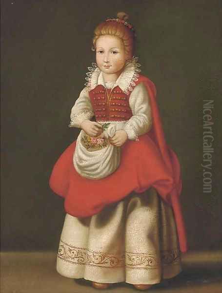 Portrait of a young girl, full-length with flowers in her apron - view 1