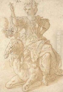 Asia seated on a camel and holding an incense burner by Cornelis De Vos