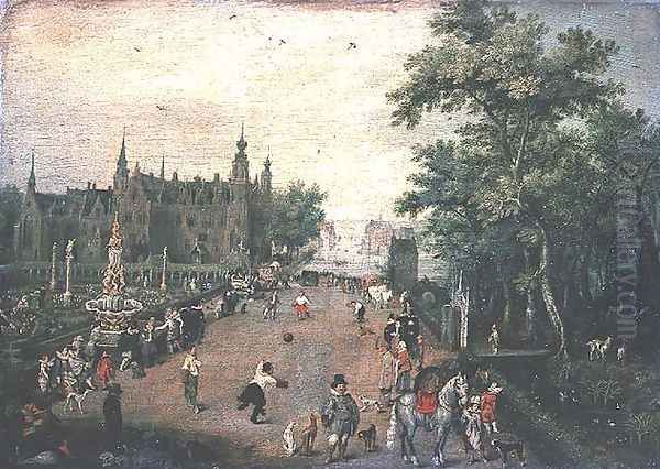 A game of handball with country palace in background - view 1