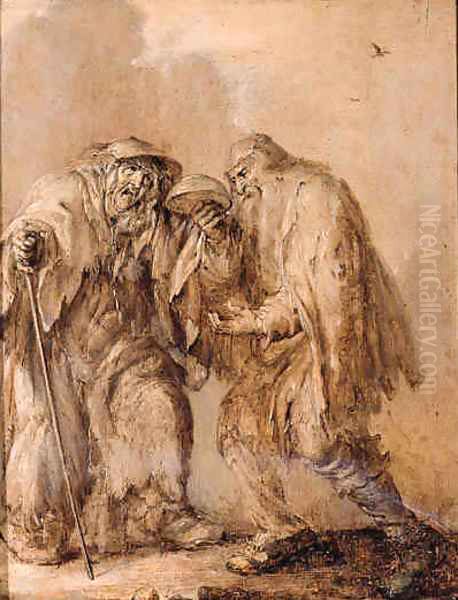 An old couple begging he holding an upturned bowl, she holding a cane - en brunaille - view 1
