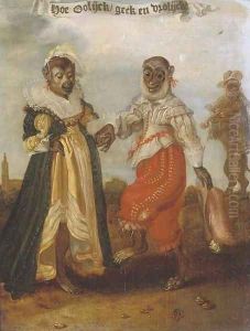 'Hoe oolijck geck en vrolijck' Two dancing monkeys dressed as a wealthy couple