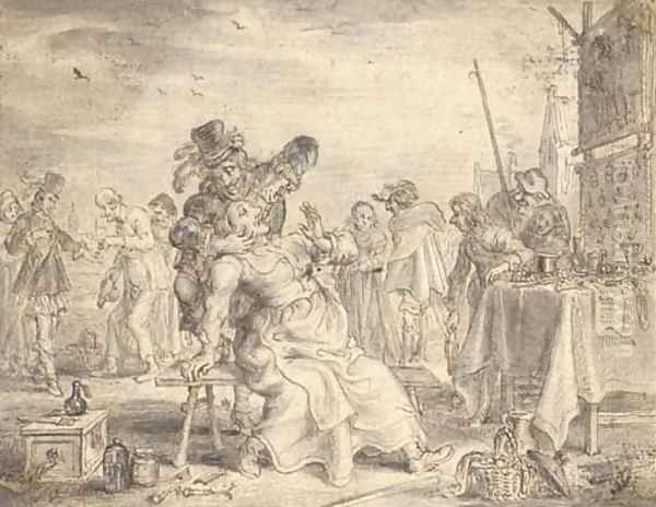 A quack dentist removing a tooth from a seated woman in a market place - view 1