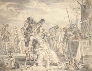A quack dentist removing a tooth from a seated woman in a market place by Adriaen Pietersz. Van De Venne