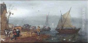 A river landscape with figures on the bank near an inn, shipping beyond by Adriaen Pietersz. Van De Venne