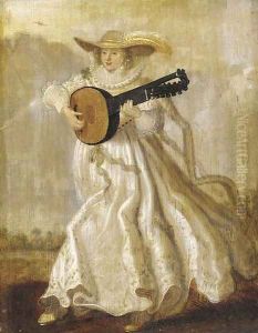 A lady dancing and playing the lute in a landscape