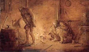 Elderly people by a fire in a barn - en brunaille by Adriaen Pietersz. Van De Venne