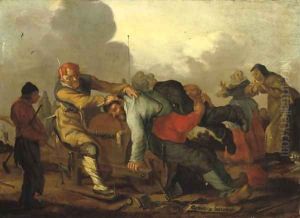 Figures brawling with onlookers on a road