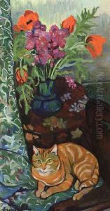 Cat Lying in front of a Bouquet of Flowers by Suzanne Valadon