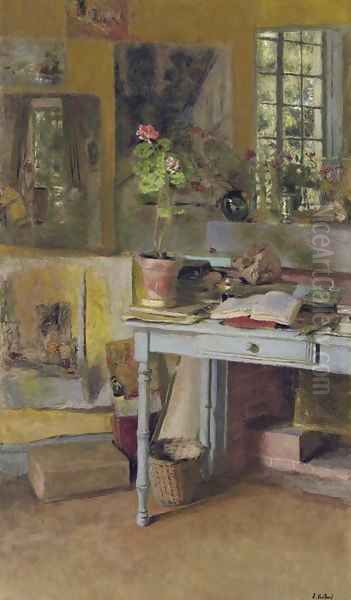 Aux Clayes, geranium sur une table bleue, devant une fenetre - view 1