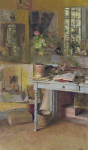 Aux Clayes, geranium sur une table bleue, devant une fenetre
