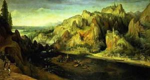 Mountain Landscape with a surprise attack 1585 by Lucas Van Valkenborch