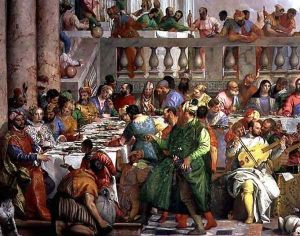 The Marriage Feast at Cana, detail of banqueting table with man in a green robe and dwarf with a parrot, c.1562