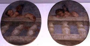 Two winged putti climbing over a balustrade, roundels from the sacristy