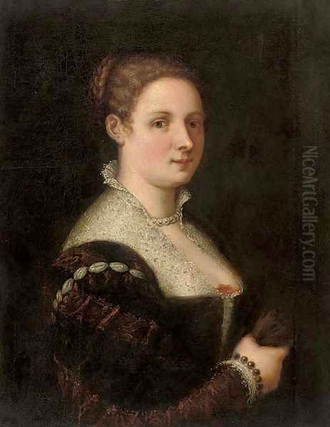 Portrait of a lady, half-length, in a red and black brocade dress with a white lace collar - view 1