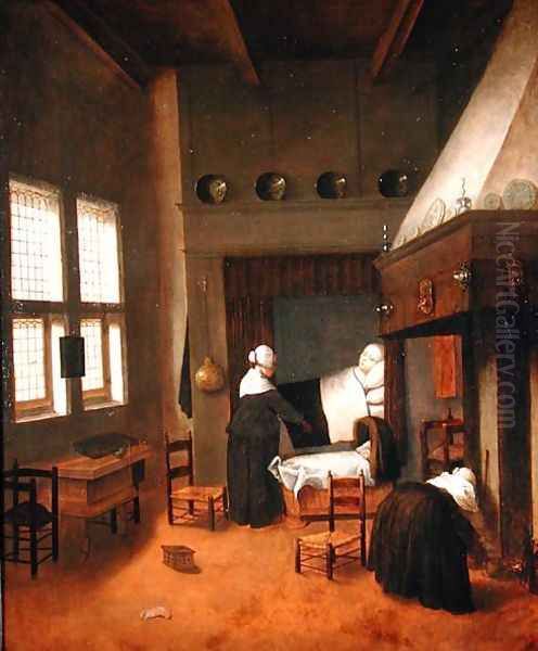 Bedroom Interior with Mother and New-Born Child - view 1