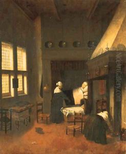 A bedroom with a woman in bed, her child in a cot and nurses by Jacobus Vrel