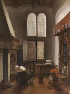 An interior of a house with a seated woman by Jacobus Vrel