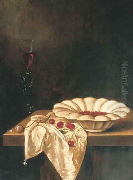 Wild strawberries in a glazed earthenware bowl with a facon de Venise of red wine, a pink rose and cherries on a partially draped wooden ledge - view 1