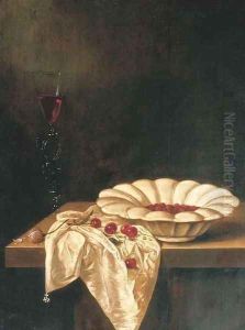 Wild strawberries in a glazed earthenware bowl with a facon de Venise of red wine, a pink rose and cherries on a partially draped wooden ledge by Jan Jansz. Van De Velde
