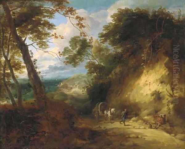 A wooded landscape with travellers on a path by Lodewijk De Vadder