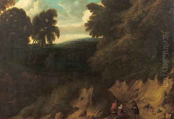 A sportsman conversing with travellers on a path at the edge of a wood - view 1