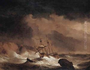 An Indiaman In A Gale Off A Rocky Coast by Willem van de Velde the Younger