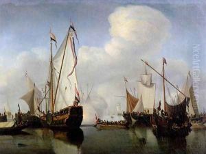 A Calm A Dutch States Yacht firing a salute by Willem van de Velde the Younger