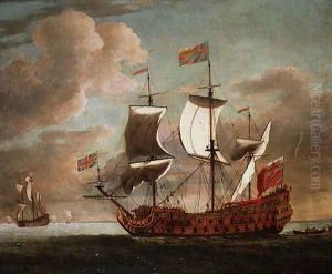 The British manowar The Royal James flying the royal ensign off a coast