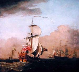 The Second Duke of Albemarles Ketch with a yacht to the left and three warships in the distance to the right by Willem van de Velde the Younger