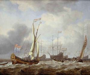 Dutch States yacht sailing in a light breeze on choppy seas, with a kaag nearby and other shipping at anchor beyond