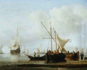 A Kaag and Smalschip near the Shore with a Ship Firing a Gun by Willem van de Velde the Younger
