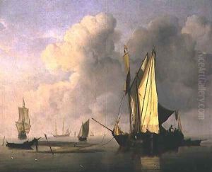 A Kaag Anchored by a Sandbank with Two Other Vessels