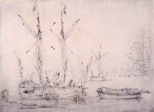 Estuary Scene three Galliots, a Barge and a Frigate firing a Salute, c.1675
