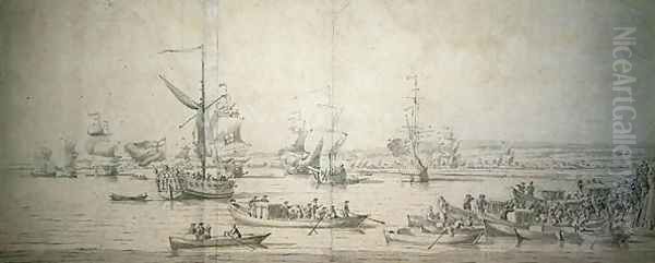 The arrival of James, Duke of York, on the Royal Yacht at Chatham, to launch the first-rate battleship The Royal Sovereign, 30th September 1684 - view 1