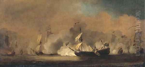 Dutch men-o'-war and other shipping fighting the battle of Kijkduin a sketch - view 1