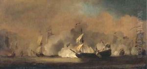 Dutch men-o'-war and other shipping fighting the battle of Kijkduin a sketch by Willem van de Velde the Younger