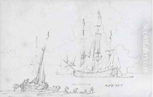 The flagship at anchor offshore by Willem van de Velde the Younger