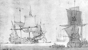 Ships anchored at sea by Willem van de Velde the Younger