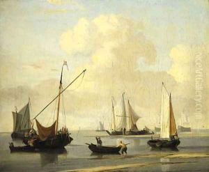 A kaag, a weyschuit and two rowing-boats off a sandbank in a calm, two men-o'-war and other shipping beyond A kaag, a weyschuit and two rowing-boats off a sandbank in a calm, two men-o'-war and other shipping beyond