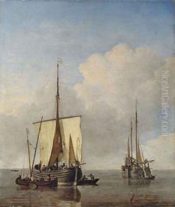A hoeker and a fishing buss at anchor in a calm by Willem van de Velde the Younger