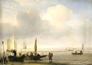 Two fishing boats off a spit of sand in a calm, with other shipping in an estuary by Willem van de Velde the Younger