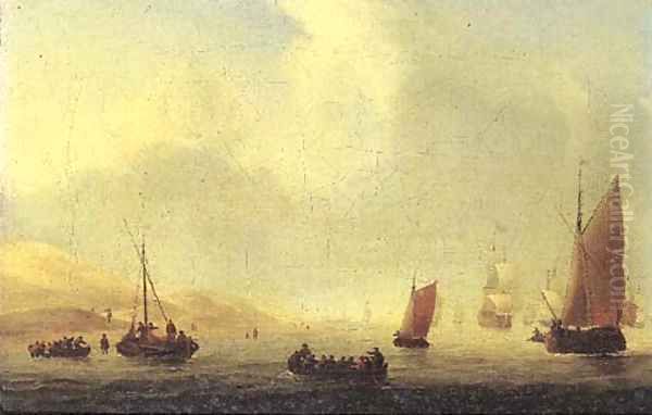 Fishermen in rowing boats with a wijdschip and other sailing vessels off the dunes, in a light breeze - view 1