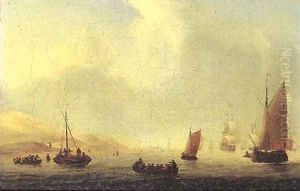 Fishermen in rowing boats with a wijdschip and other sailing vessels off the dunes, in a light breeze by Willem van de Velde the Younger