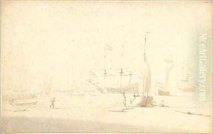 The Dutch fleet at anchor, fishermen with beached vessels in the foreground by Willem van de Velde the Younger
