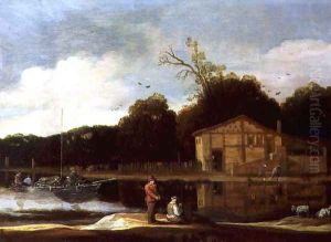 Cottage on a Street with a Trekschuit by Cornelis Hendricksz. The Younger Vroom