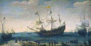 Het uitzeilen van een aantal Oost-Indiëvaarders uit het Marsdiep. In het midden het schip 'Mauritius' 2