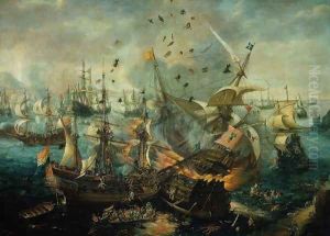 The Explosion of the Spanish Flagship during the Battle of Gibraltar, 25 April 1607 by Cornelis Hendricksz. The Younger Vroom
