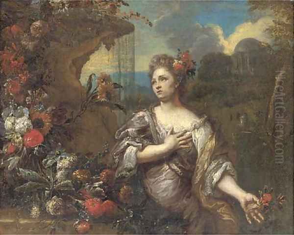 A portrait of a lady, three-quarter-length, with a flower in her left hand, a garland of flowers to her right and a classical landscape beyond - view 1