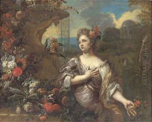 A portrait of a lady, three-quarter-length, with a flower in her left hand, a garland of flowers to her right and a classical landscape beyond by Gaspar-pieter The Younger Verbruggen